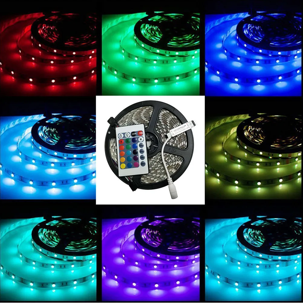 5M LED Strip Lights Rgb Waterproof with 24-Key Remote Controller for Christmas Party Tree Corridor Street Decorative Lighting