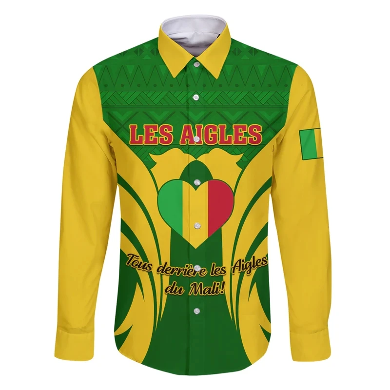 

Mali Flag Map Graphic Long Sleeve Shirts For Men Clothes Casual Fashion National Emblem Lapel Blouse Africa Male Button Shirt