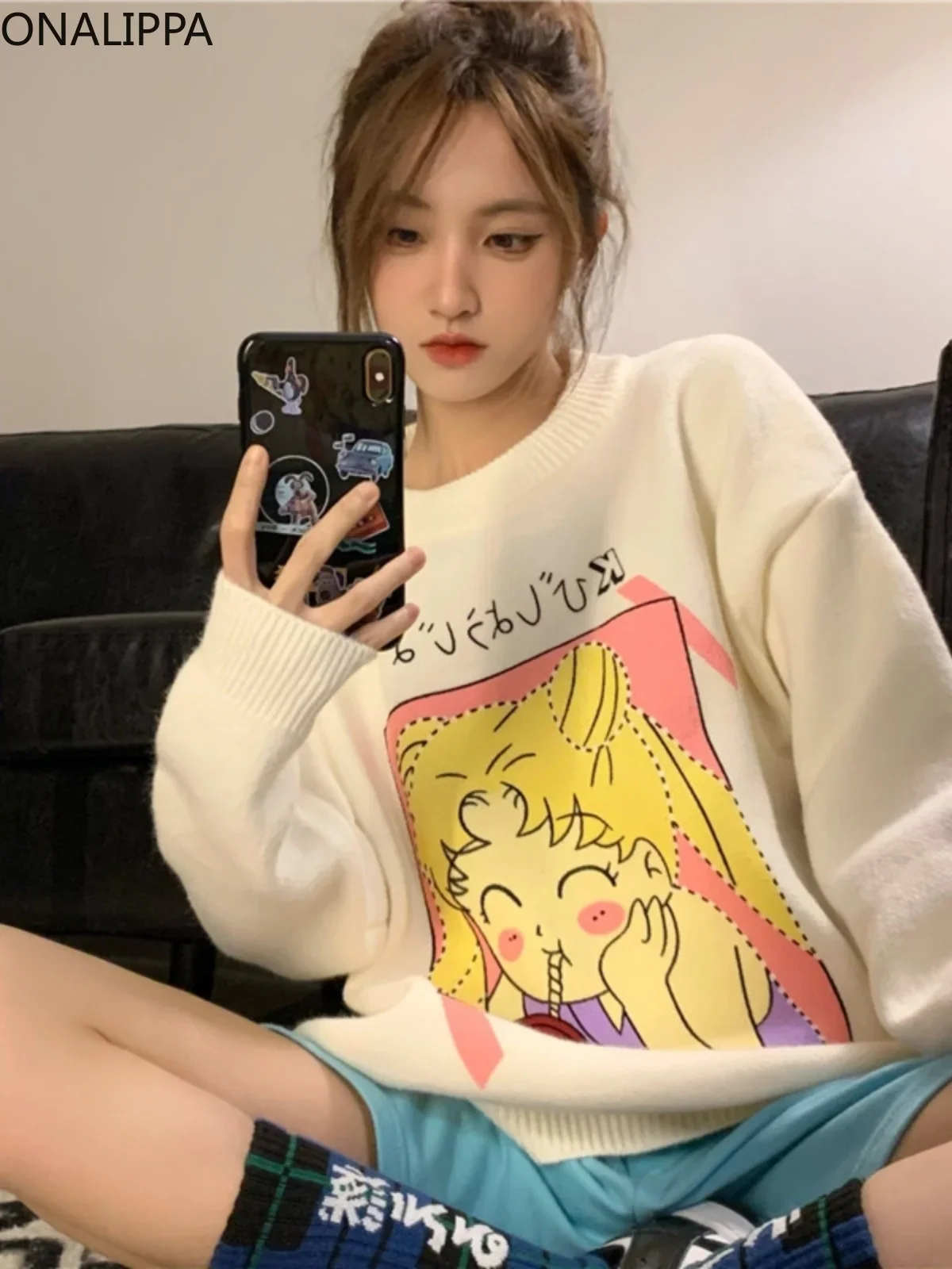 

Onalippa Cartoon Printing Kawaii Sweater Women Gentle Wind Contrast Sweet Knitted Pullover Korean O Neck Preppy Style Sweaters