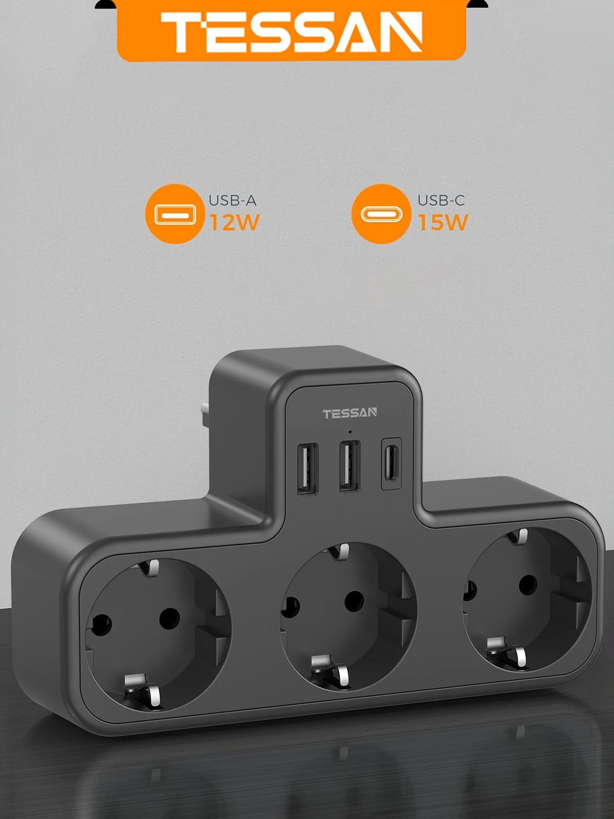 TESSAN Mehrfach-USB-Steckdose, 6-in-1-Steckdose nach EU-Standard mit 3 AC-Steckdosen, Adapter, Wandladegerät für das Heimbüro
