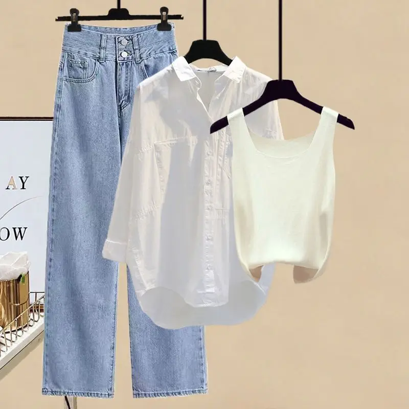 Summer Sunscreen Chiffon Shirt Elastic Tank Top Wide Leg Jeans Two Piece Elegant Women\'s Pants Set Simple Outfits