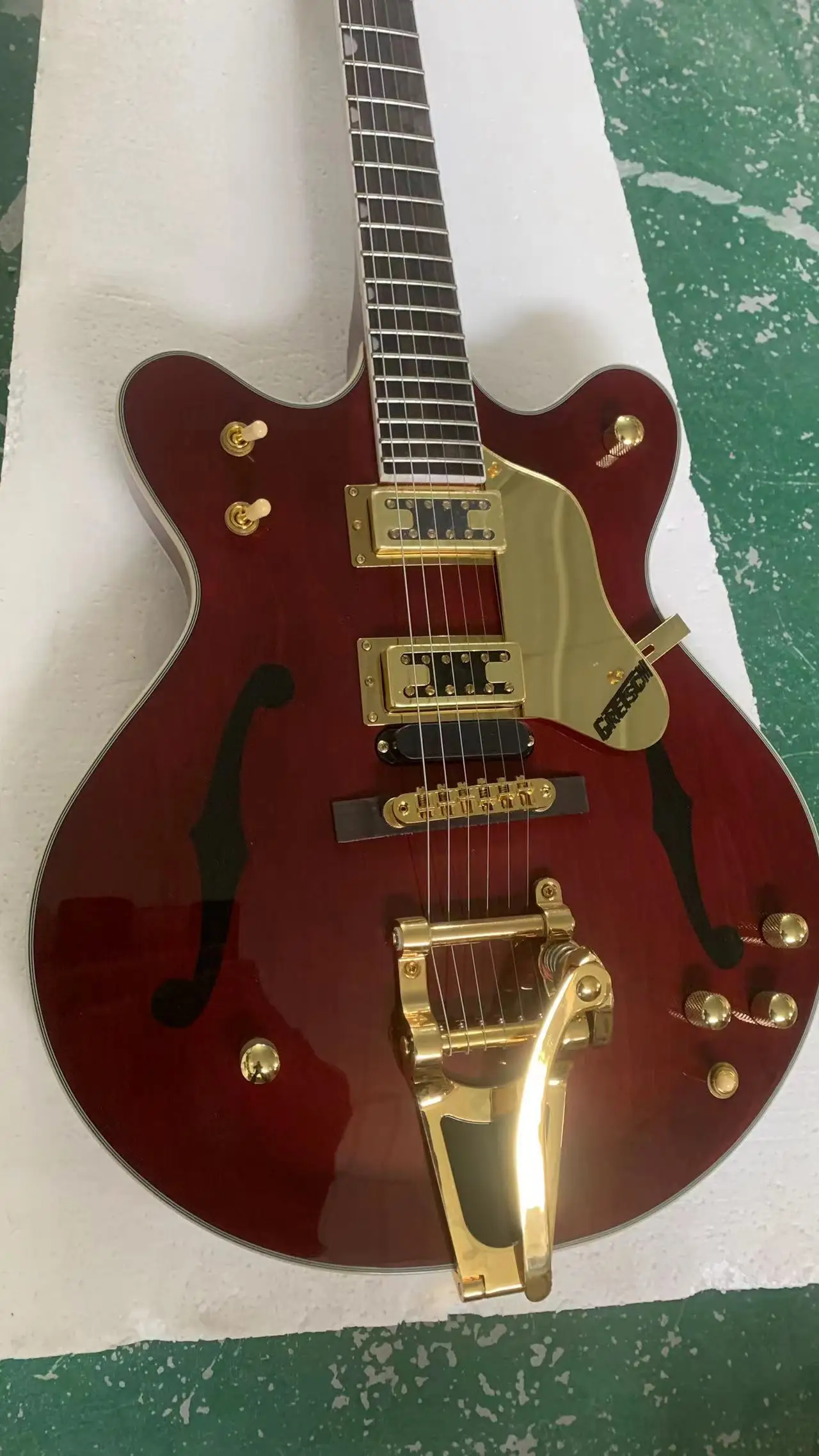 Factory DIRECT sales of high quality 6 string jazz electric guitar, semi-hollow body, gold hardware, free shipping