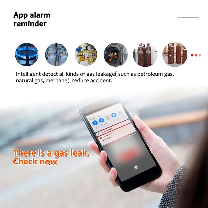 Fuga inteligente Wifi con función de temperatura detectores de Gas Combustible con información de vida inteligente empuje para sistema de alarma de casa