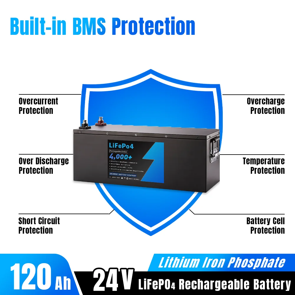 24V 120Ah Lifepo4 Battery Pack Lithium Iron Phosphate Deep Cycle Optional Bluetooth for Solar Energy RV+10A Charger