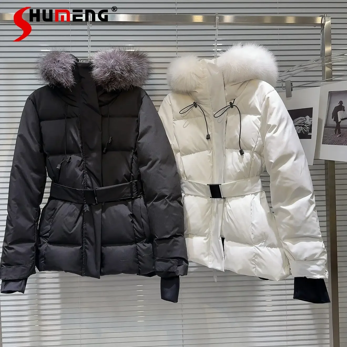 Women's 2024 Winter New Socialite Temperament Fox Fur Collar Down Top Hooded Belt Warm Down Jacket Female Long Sleeve Down Coats