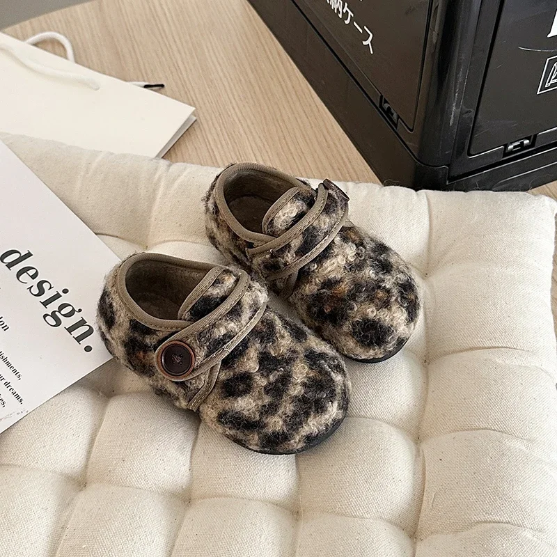 Toddler Kids Furry Flat Shoes Imitation Button Magic Tape Warm Plush Autumn Winter Casual Shoes