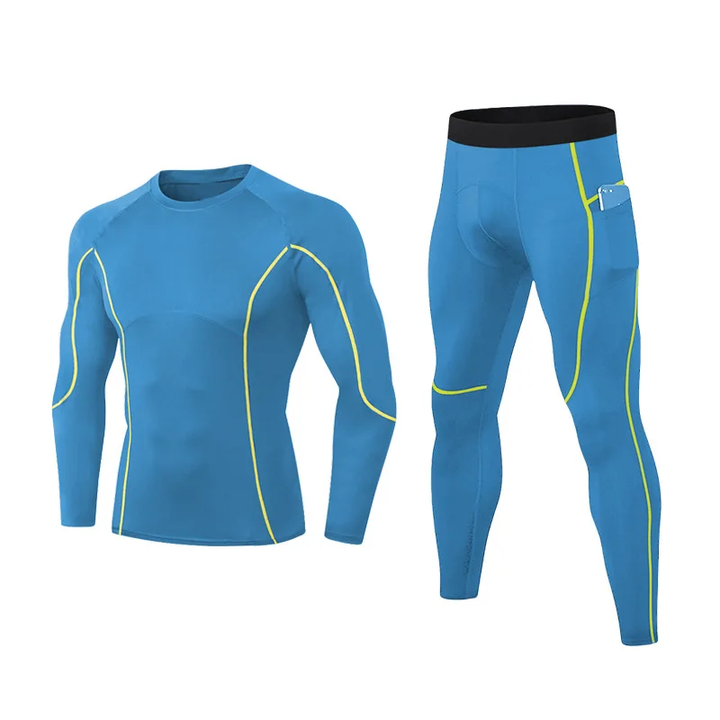 Mens Autumn Fitness Athletic 2 Piece Set Gym Workout Running Sportswear Skiing Long Sleeve Compression Shirt Pants Sweatpants