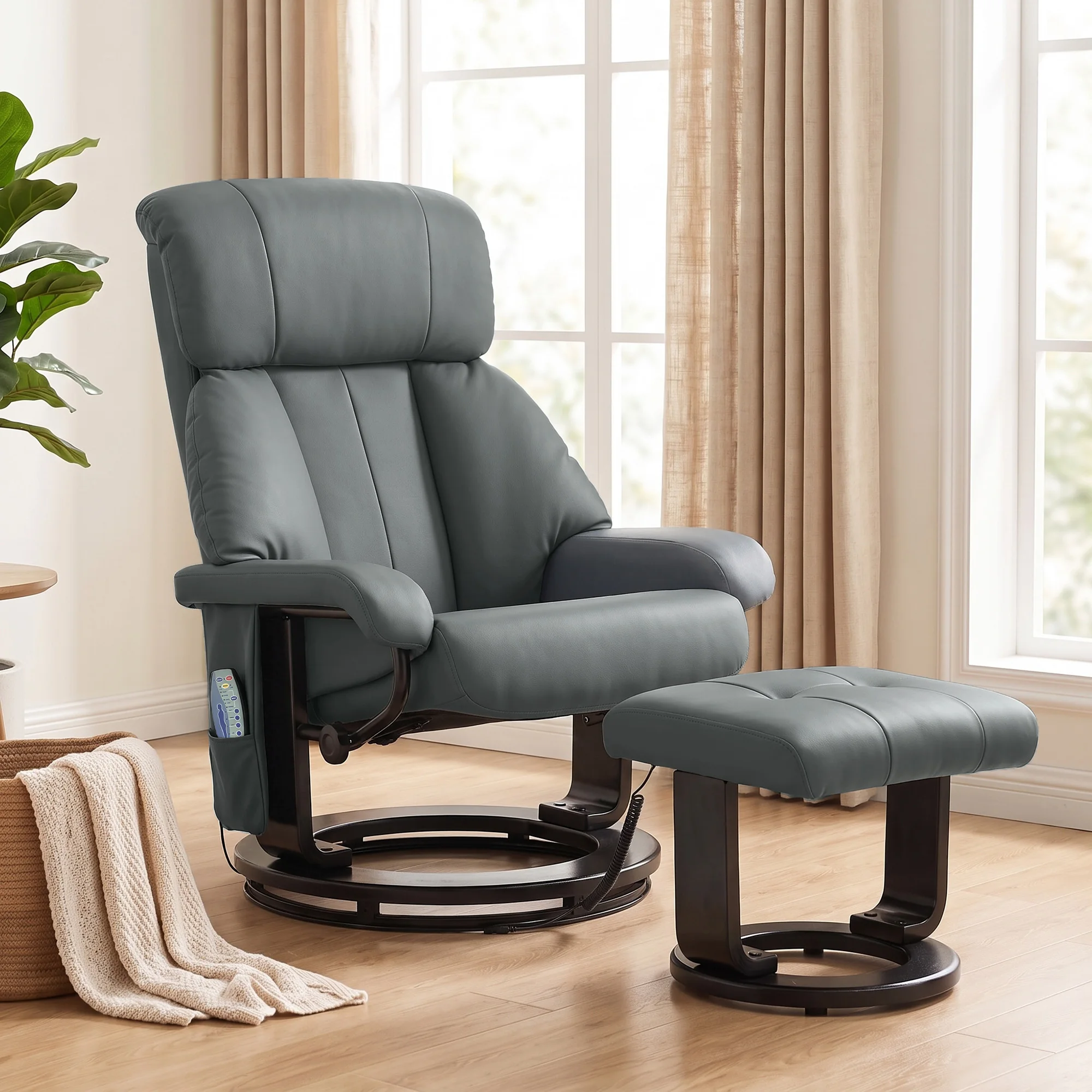 HOMCOM Massage Recliner Chair with Ottoman, 360° Swivel Recliner and Footstool, 10-Point Vibration, PU Leather Reclining Chair with Remote Control, Gray