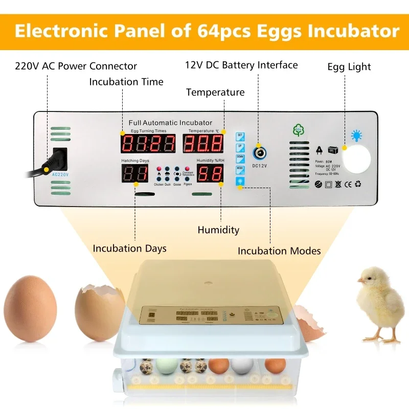 64 Eggs Incubator Automatic Turner Waterbed Replenishment Temperature Control Farm Hatchery Incubator Farm Bird Quail Chicken