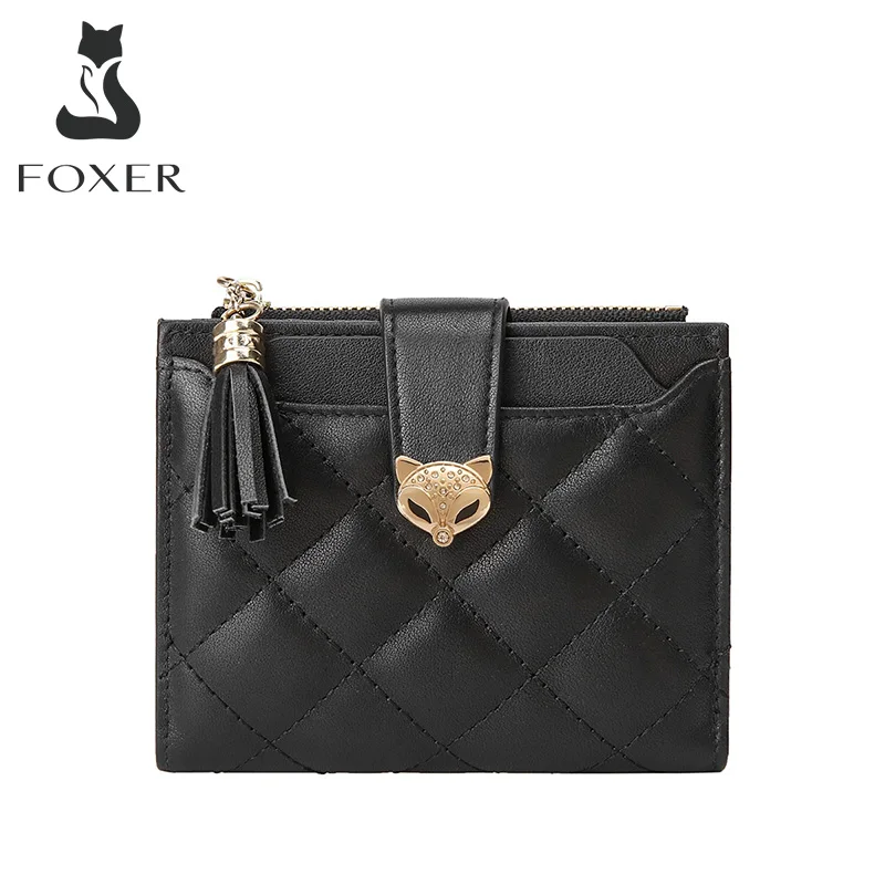 FOXER Brand Women Split Leather Short Wallet High Quality Multi-function Card Holder Girl\'s Fashion Plaid Zipper Mini Coin Purse