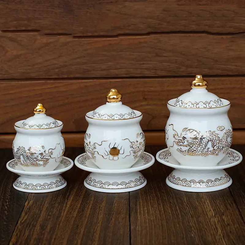 Ceramics Double Dragon Pattern Water Supply Cup Ornaments Home Feng Shui Enshrine Decorations Traditional Buddha Tools Supplies