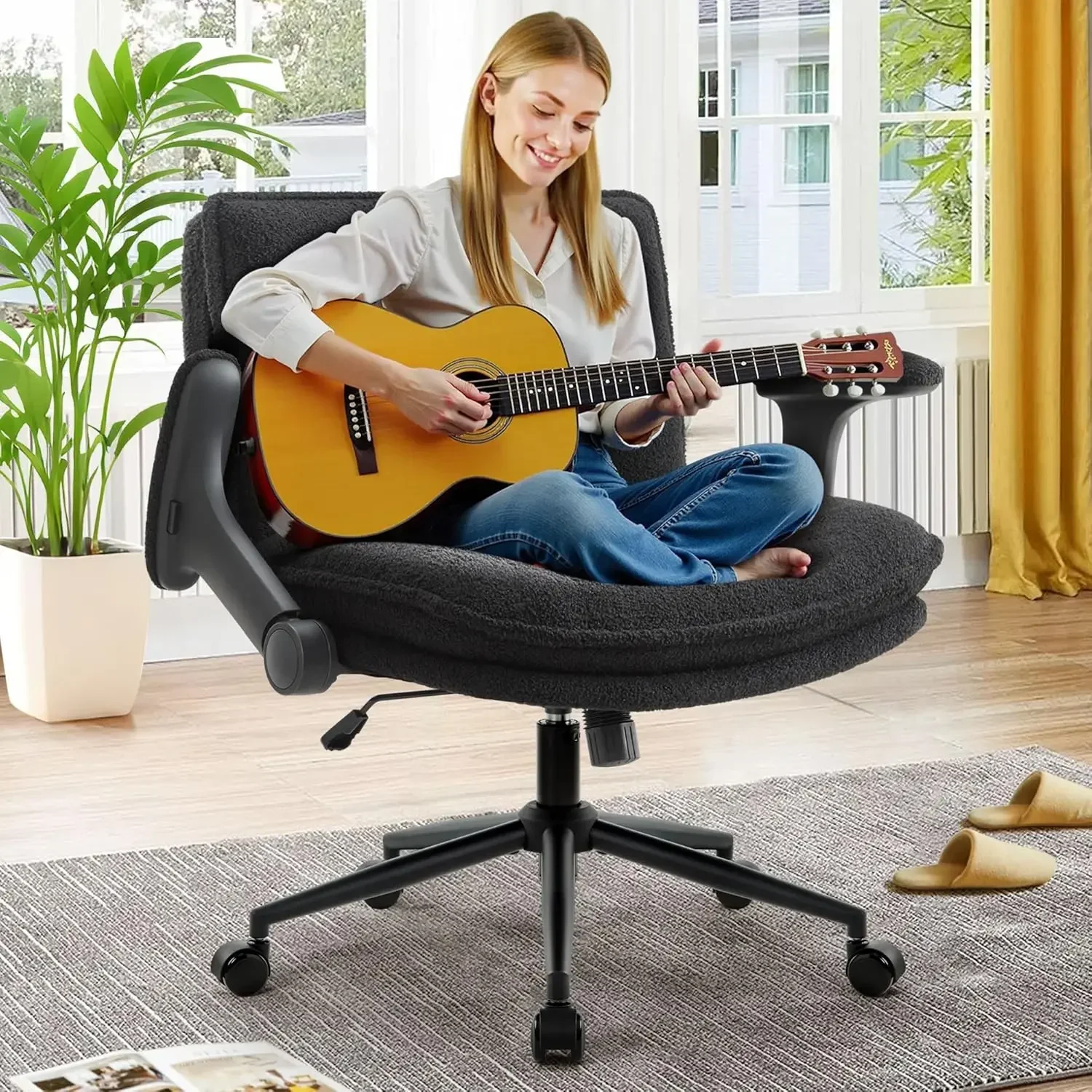 Criss Cross Legged Office Chair with Wheels and Flip-Up Arms, Ergonomic Wide Seat Desk Chair with Thick Padded, Height Adjustabl