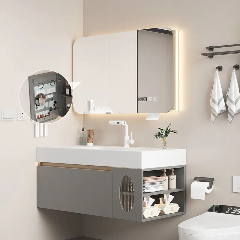 

Кремовый комбинированный шкаф для ванной комнаты с тумбой для унитаза и бесшовной раковиной из каменной плиты