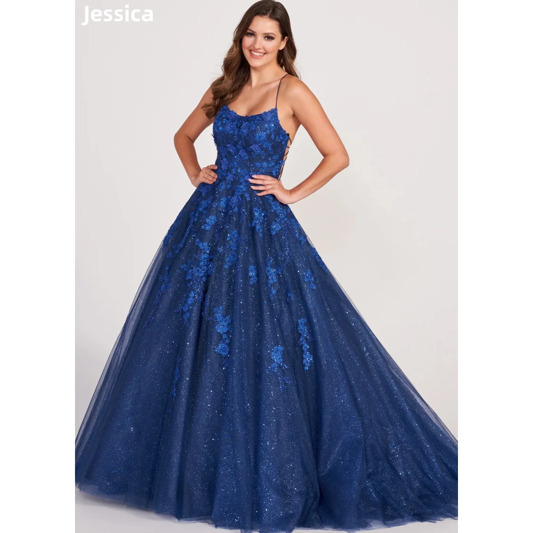 Jessica Dark Blue Wedding Dress Lace Embroidery Prom Dresses A-Shape Glitter Tulle Sexy Backless Vestidos De Fiesta Customize