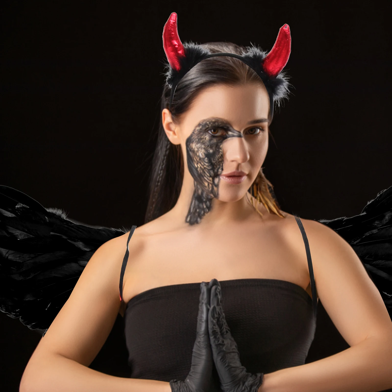 

1set Black Small Wings Small Horn Headb Costume Set Halloween Party Cosplay Props Lightweight Durable Elastic