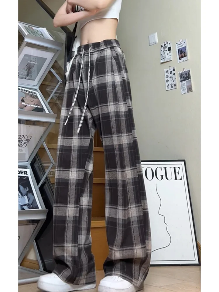

American Plaid Dstring Casual Pants Men Women Sle Spring Trendy Large Leg Pants Dra Lazy Straight Leg Trousers