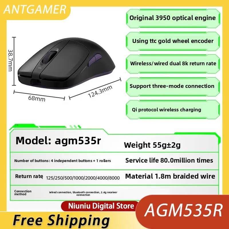 

ANTGAMER AGM535R Tri Mode Wireless Bluetooth Mouse PAW3950sensor Double 8K Return Rate 30Kdpi Optical Resolution 56g Lightweight