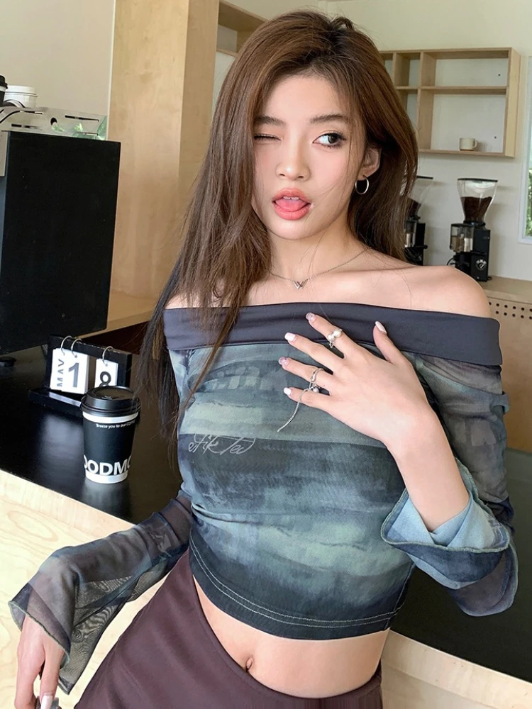 2026 Autumn New Designer European Off Shoulder Mesh Women T-shirt Flare Sleeve Slim Fit Trendy Daily  Tee Sexy Crop Top