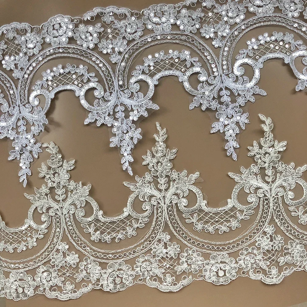 Delicate 1Y White/Ivory Sequin Cording Fabric Flower Venise Venice Mesh Lace Trim Applique Sewing Craft for Wedding Dress 23cm