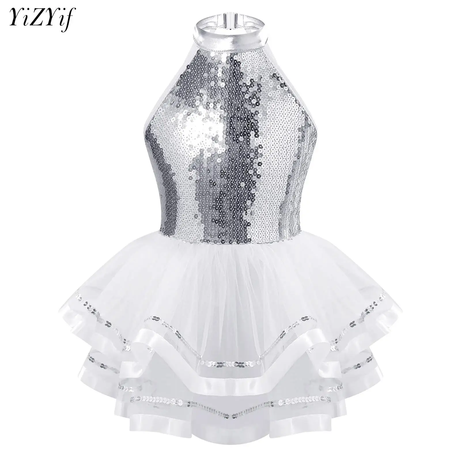 

Kids Girls Sequins Ballet Tutu Dress Sleeveless Hollow Back Modern Jazz Latin Dance Costume for Children's Performance Dancewear