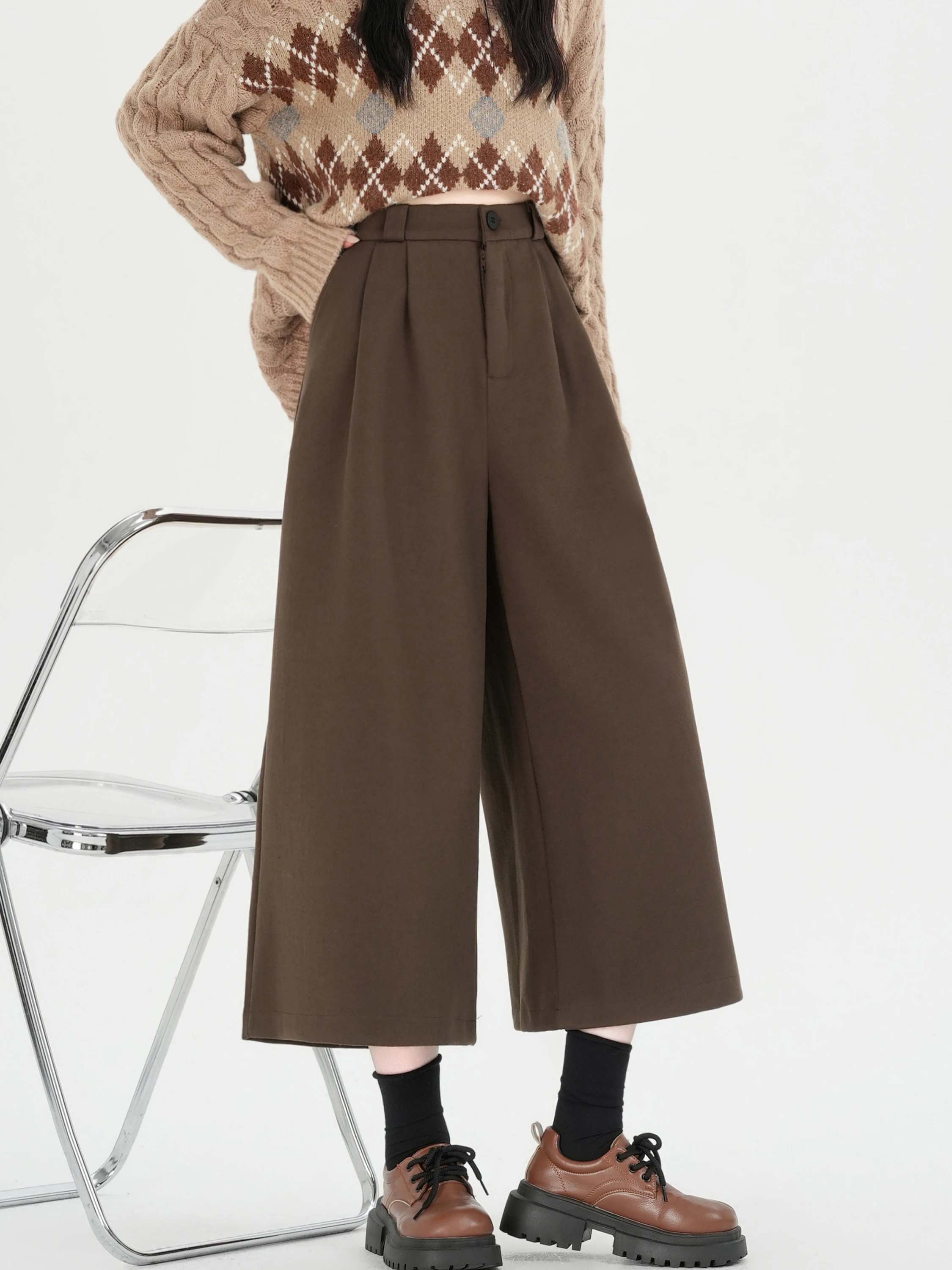 Pantaloni da abito a gamba larga a vita alta da donna autunno inverno nuovi pantaloni di lana color caffè casual larghi drappeggiati