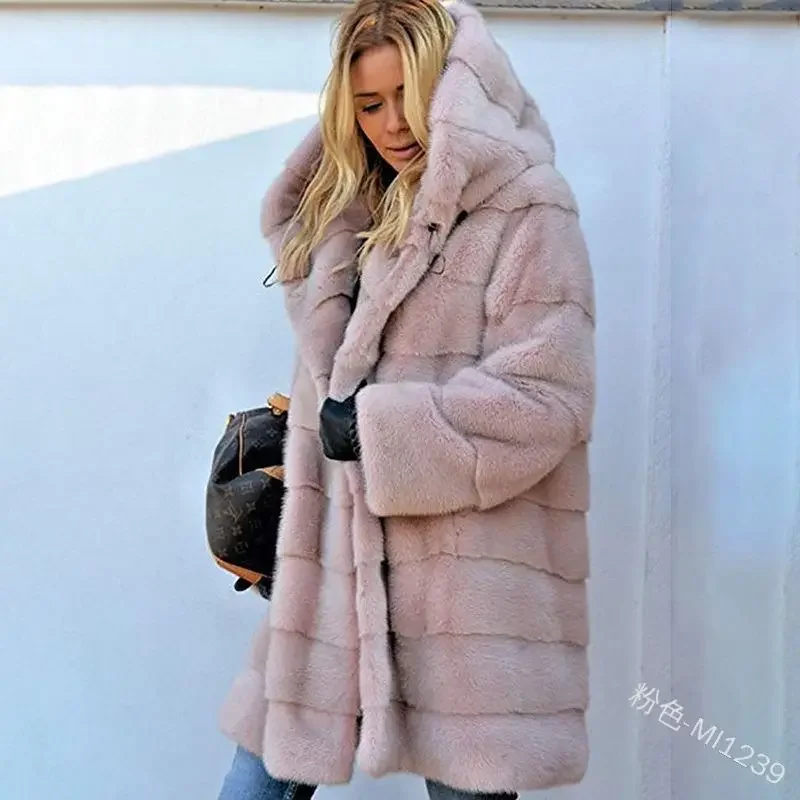 Plus Size 4XL 5XL Europe and America Medium Long Section Solid Pink Loose Plush Hooded Coat Faux Fur Winter Women Warm Jacket