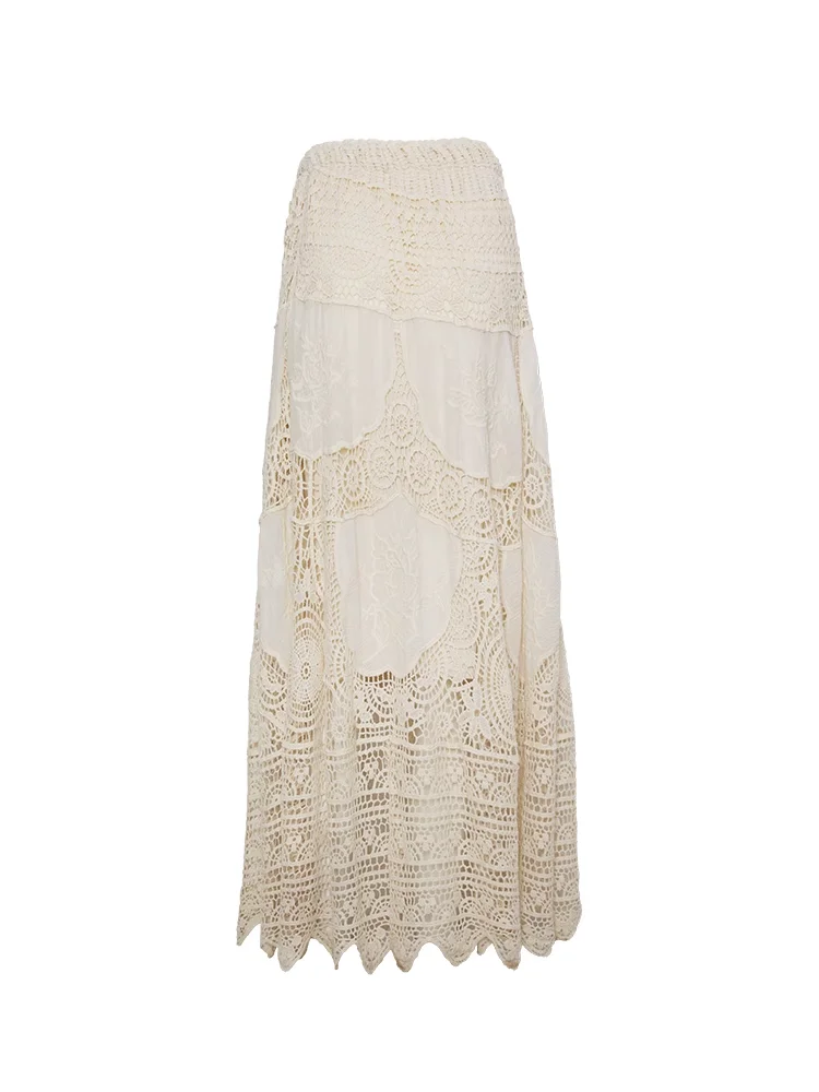 Women\'s Long Maxi Bohemain Skirts, Cotton Knitting, Hollow Out, Beige, A-Line, New Fashion,2024