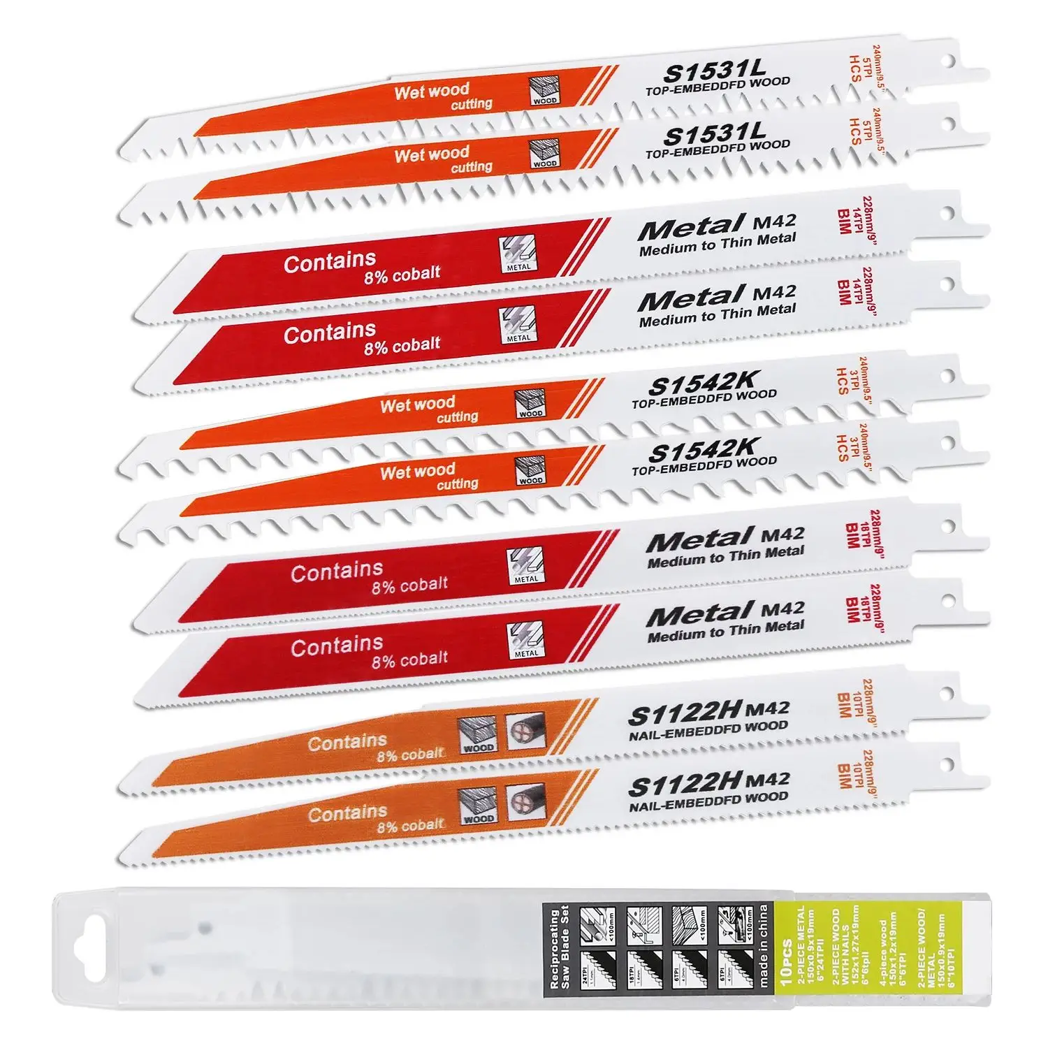 

10 шт. полотна для сабельных пил, лобзик, сабельная пила, набор ручных пил для режущих инструментов по дереву и металлу S1531L/S1122H, электроинструмент 228/240 мм