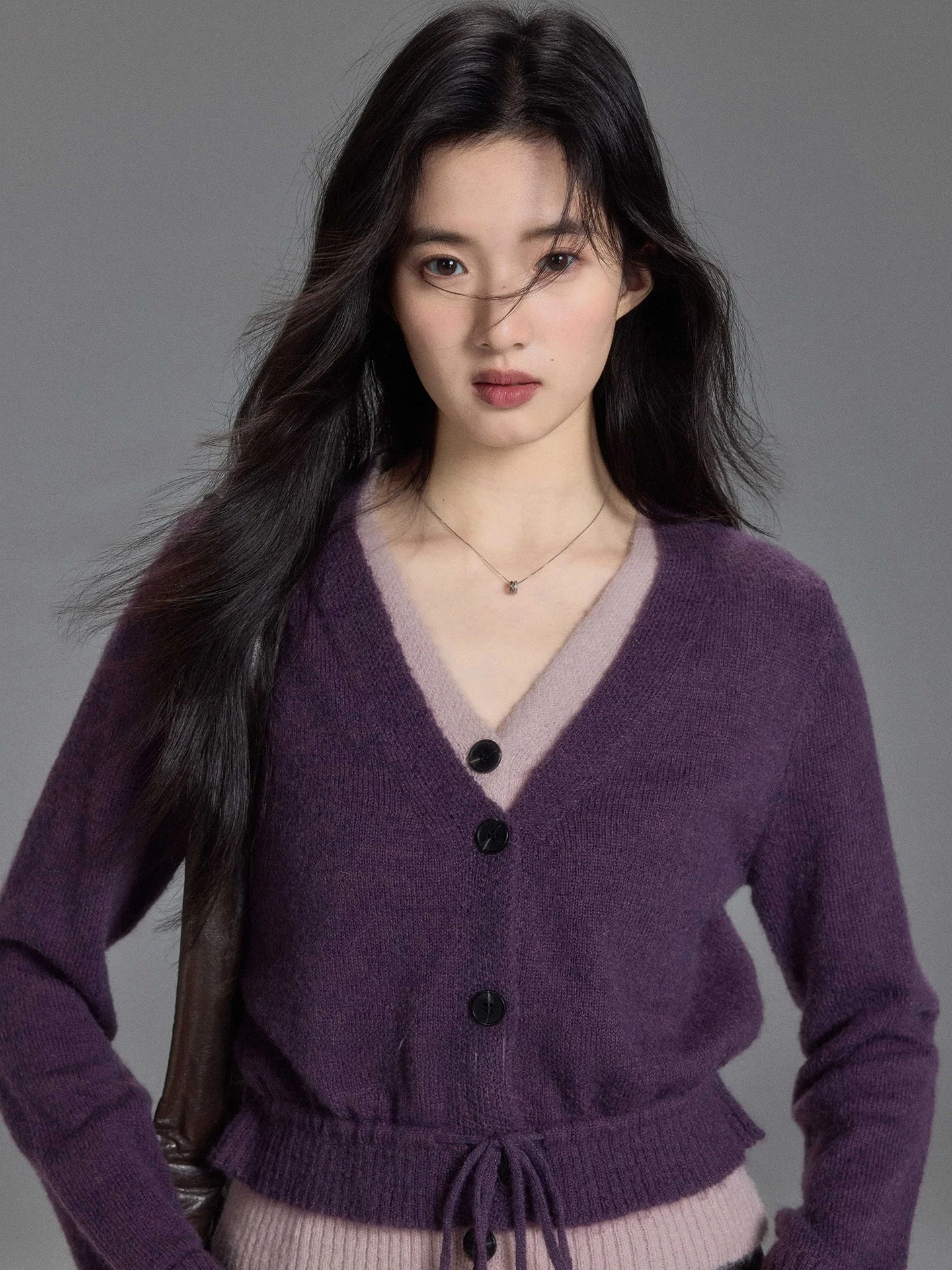 

Anno Color Blo V-Ne Knitwear Women's Loose Long Sve Dstring Waist Sweater Warm Autumn Winter Faion Casual Sle