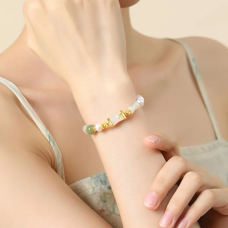 Hotan Jade Bamboo Beads Bracelet Charms Jewelry Gift Fashion Natural Gemstones Amulet Accessories Designer Women