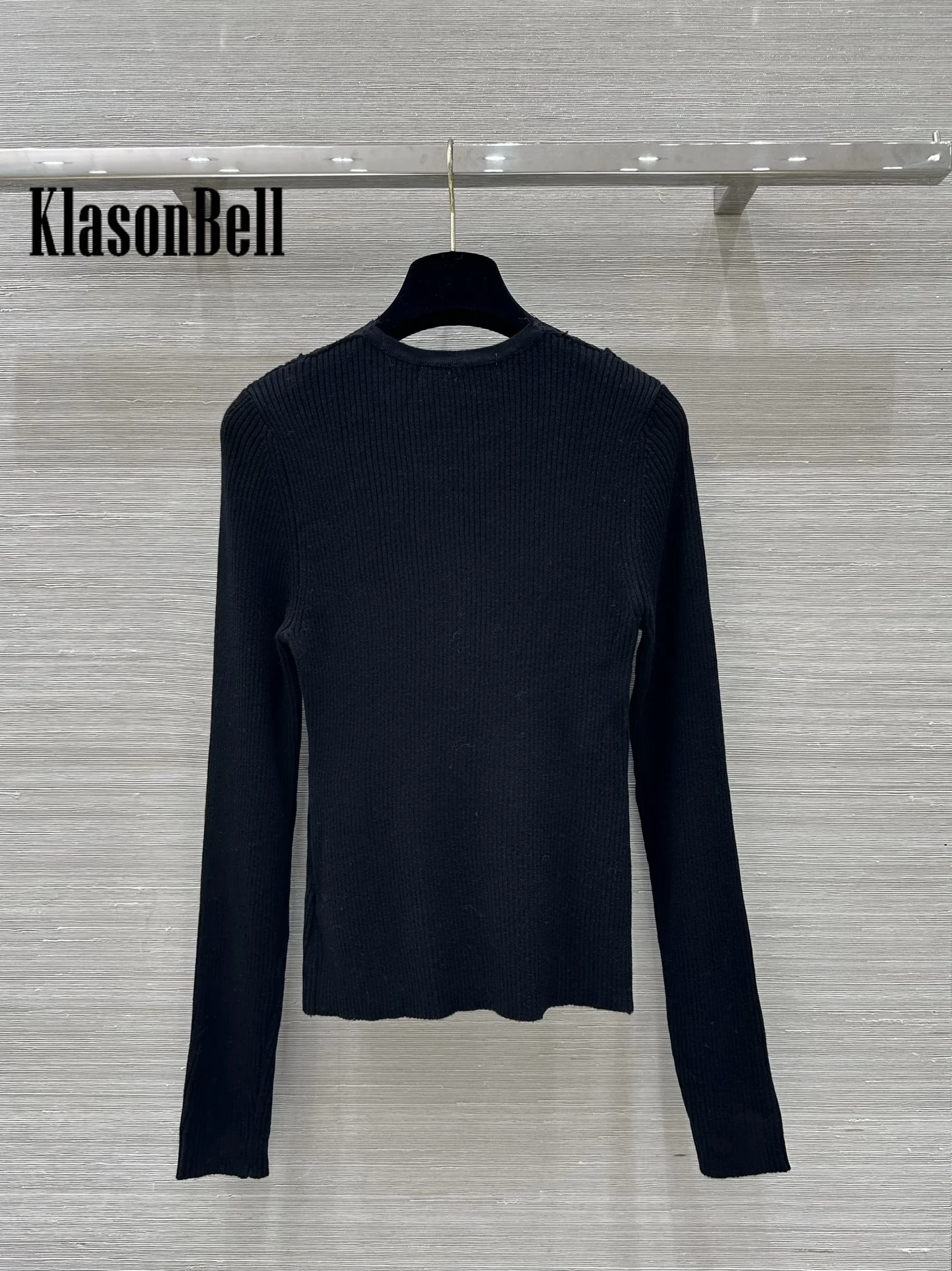 9.28 KlasonBell Fashion Sexy Lace Spliced Deep V-Neck Slim Knitwear Black All-matches Subcoating Wool Sweater Women