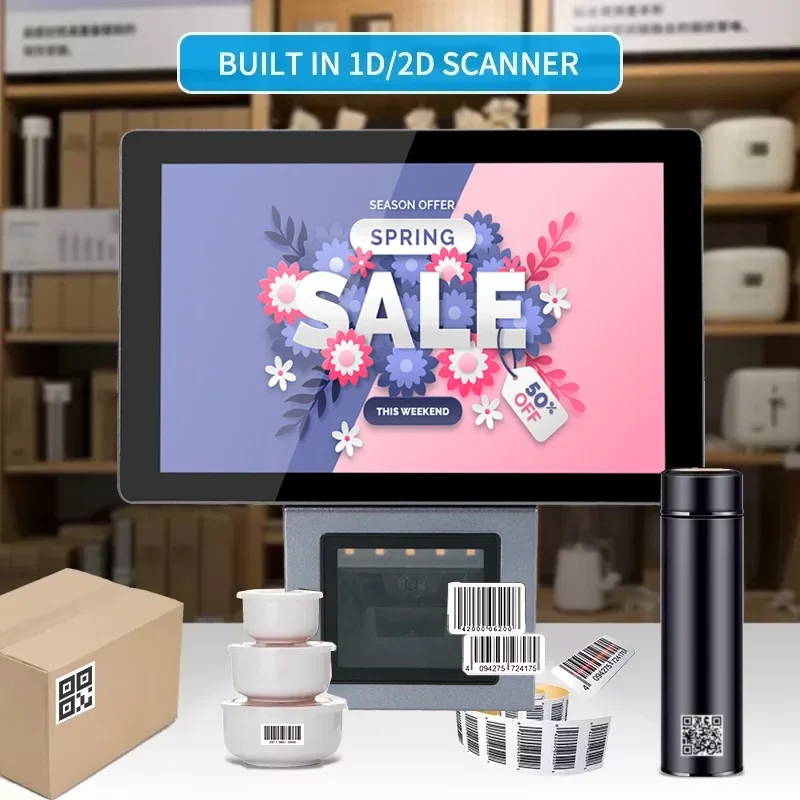 10 Inch Windows Price Checker POS With Barcode QR Code Reader Wall Mounted POS Terminal Touch Screen Price Checking WIFI RJ45