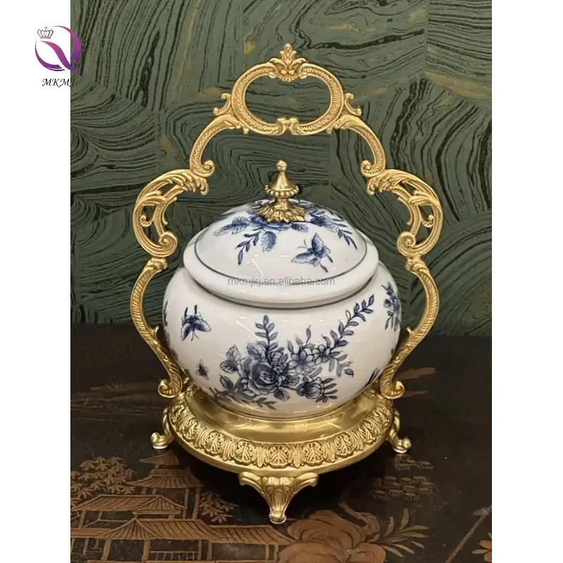 Vintage Blue White Porcelain Teapot with Gold Brass Metal Base Storage Box Handle European Retro Style Luxury Antique Home