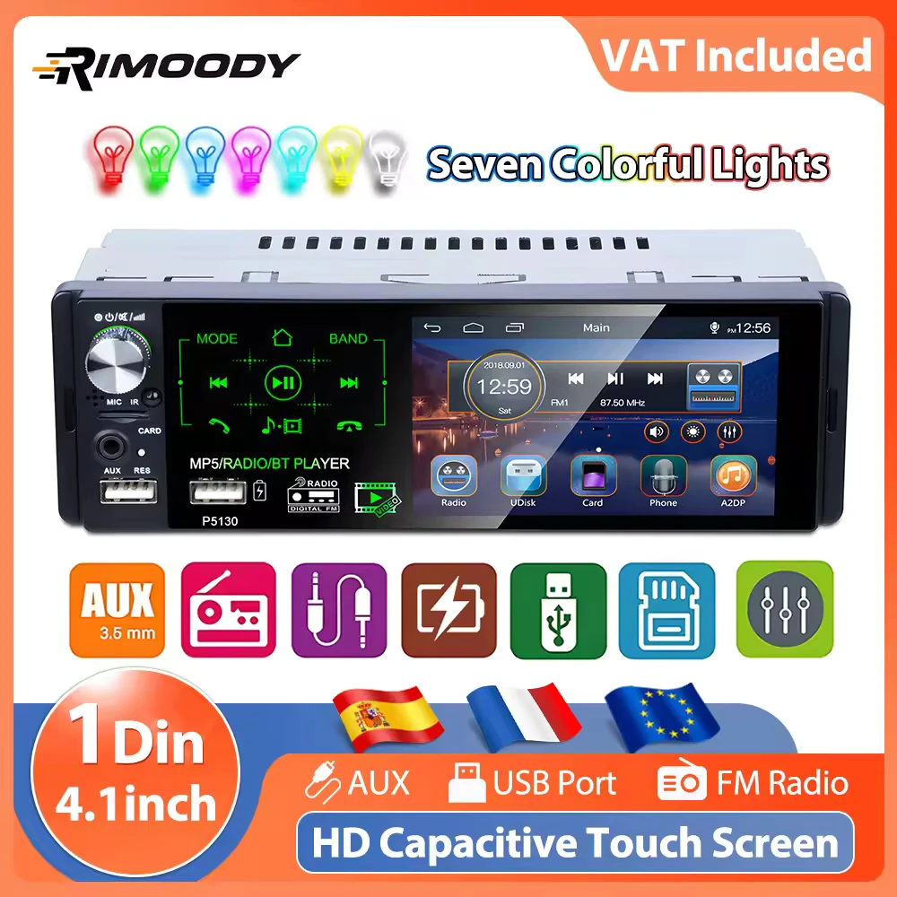 Rimoody 1Din 4.1 ''راديو ستيريو بالسيارة HD شاشة تعمل باللمس سيارة مشغل MP5 FM RDS AUX بلوتوث عجلة القيادة التحكم مشغل وسائط متعددة #1