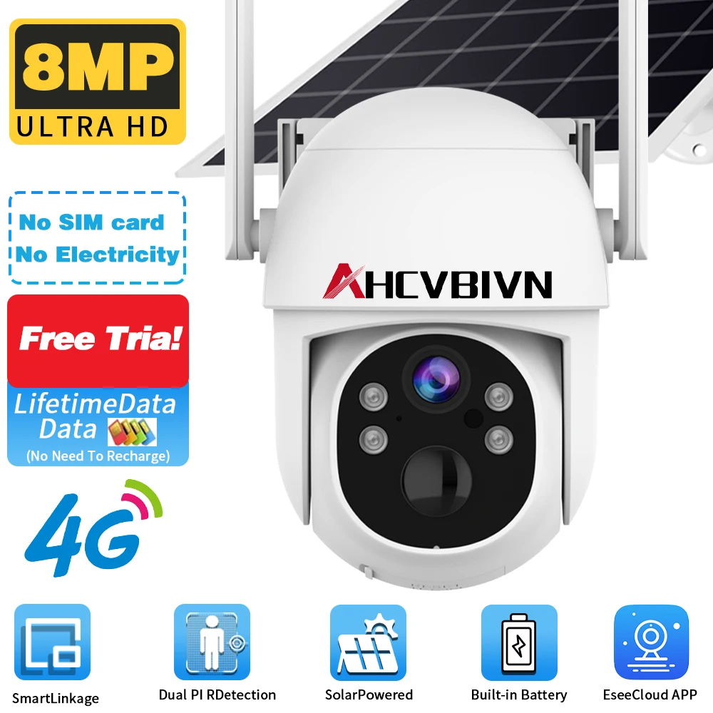 

Tuya 4G Lifetime Stream-free 5MP Открытый PTZ Солнечная безопасная зарядка с цветным ночным видением PIR Обнаружение Безопасная водонепроницаемая камера