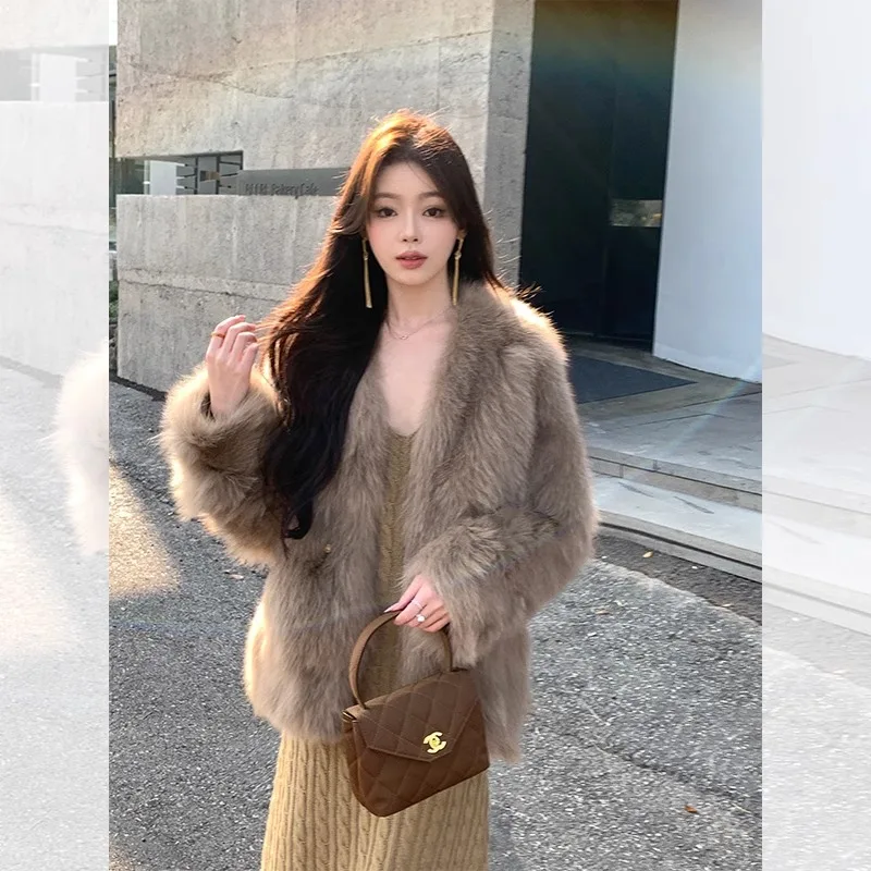 معاطف الفرو الصناعي سترات نسائية من الفرو الصلبة الخامس الرقبة المفتوحة غرزة طويلة الأكمام سميكة الدافئة الفراء فضفاضة مكتب سيدة عادية 2025 الخريف الشتاء #2