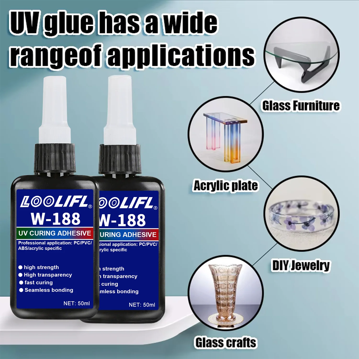 LOOLIFL 188 Strong 50ml UV Resin Glue Curing Adhesive UV Curing Crystal Glass and Metal Bonding Welding With UV Curing Lamp Tool view 6