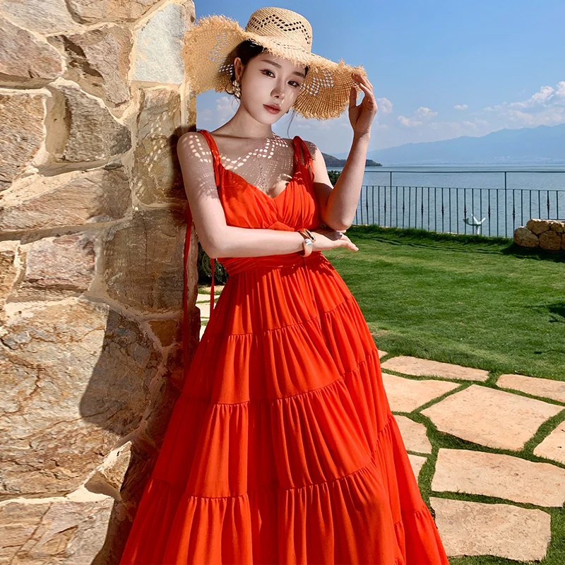 바이온 웨어 오렌지 V넥 밸 스트랩 드 여성용 롱 벨티드 드 시티 커뮤팅 슬레 엘라스틱 웨이스트 컷아웃 드