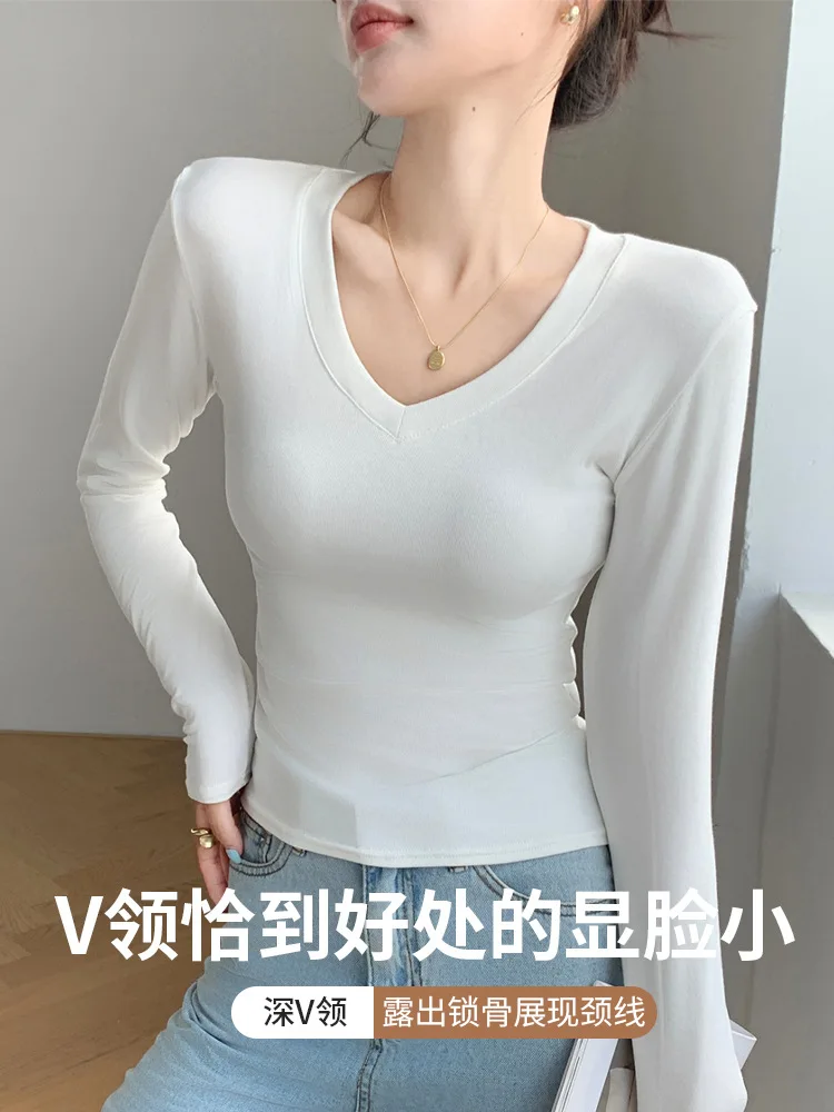 Essential V-Ausschnitt Damen Slim Fit Top Einfarbig Langarm Unterziehshirt Dehnbar Gemütlich Vielseitig Herbst Winter T-Shirt – Detail 2
