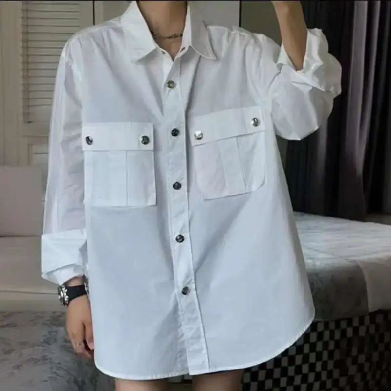 

Long Sleeve Turn-down Collar Silvery Single Breasted Women Casual Shirt Commutting High Street Blouses Summer