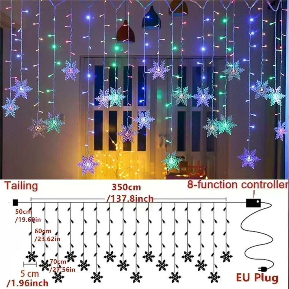 LED Christmas Wreath Light String Ice Piton Snowflake Curtain Light Street Garden EU Standard Plug Navidad New Year 2025