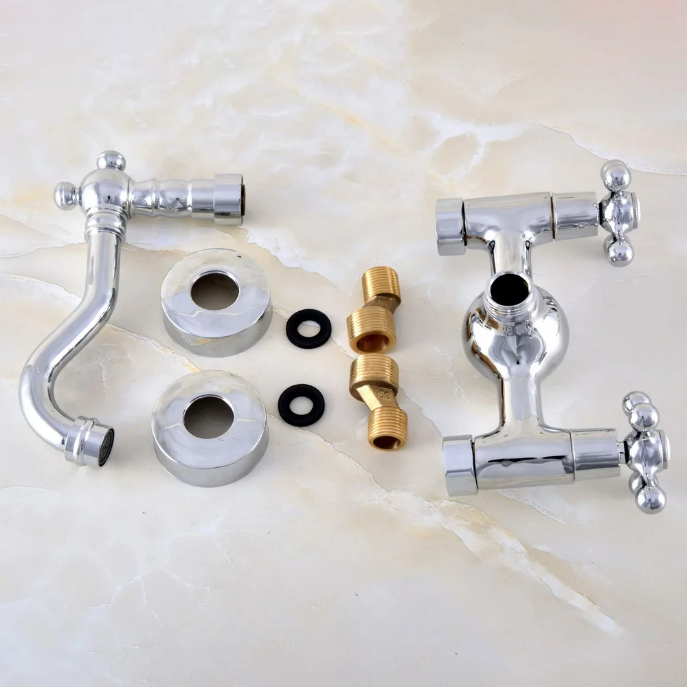 Polished Chrome Dual Cross Handles Wall Mounted Hot & Cold Bathroom Kitchen Basin Sink Swivel Faucet Mixer Tap znf577