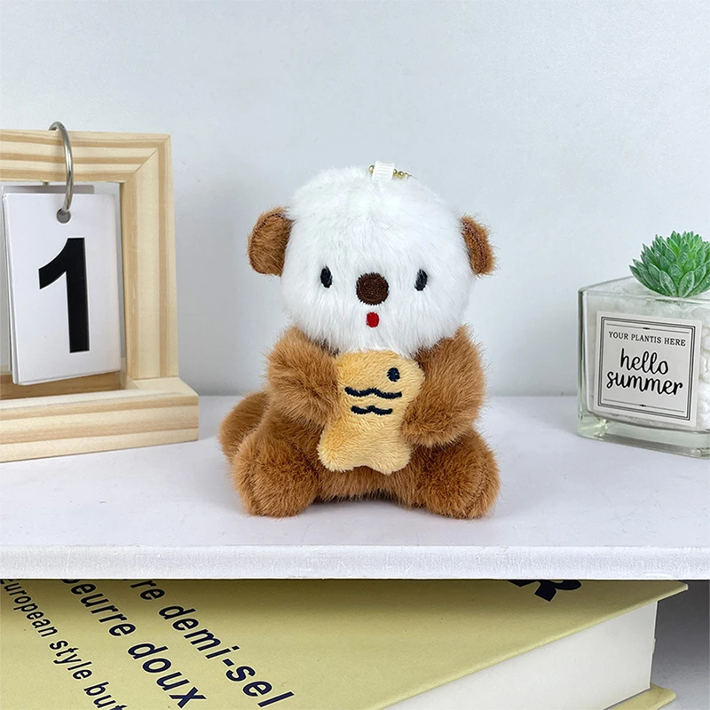 Cute Otter Holding Fish Plush Pendant Cartoon Stuffed Animal Keychain Lovely Bag Decoration Car Key Accessories