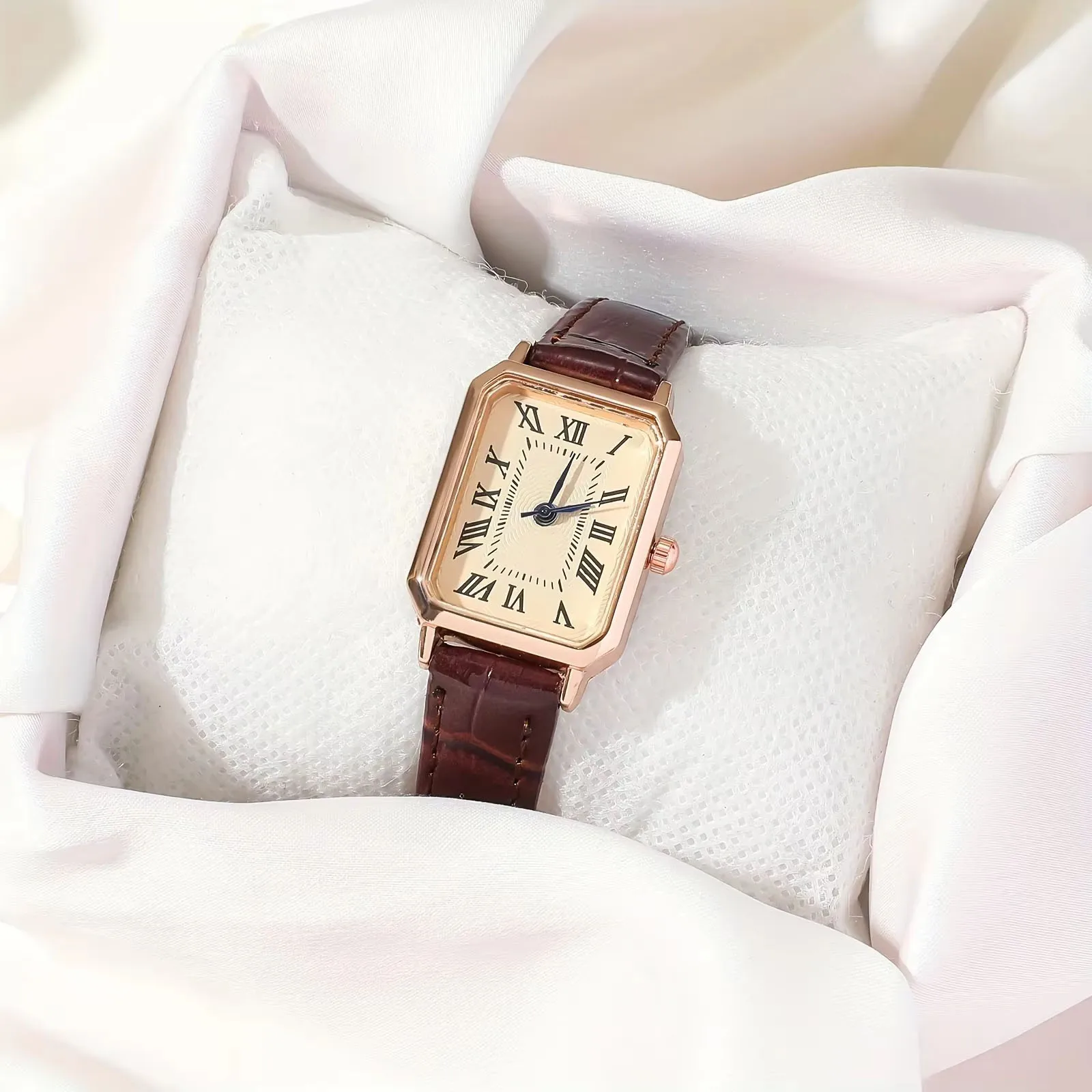 

Fashion Analog Retro PU Leather Wrist Watch For Women Girls Casual Rectangle Pointer Quartz Watch Rome