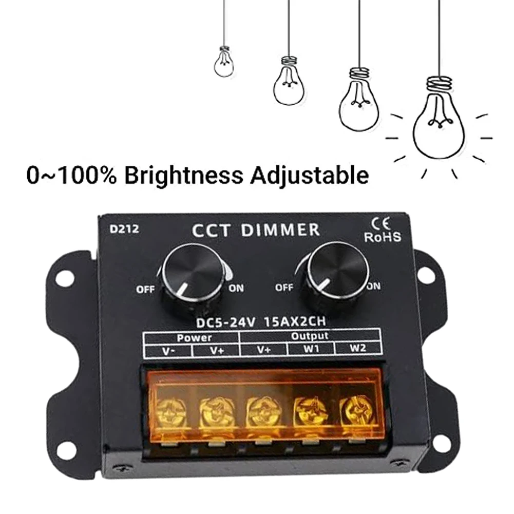 LED CCT Controller For Dual White Strip Lights - PWM Dimming Iron LED Controller 88x51mm DC 5V12V24V 2CH Dual Colour Temperature