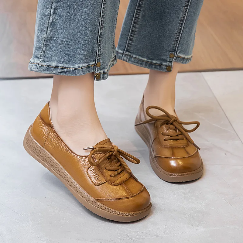 

Geunine leather ethnic shoes for women 2025 plus size retro mom slip on moccasins woman casual real leather lace up sneakers