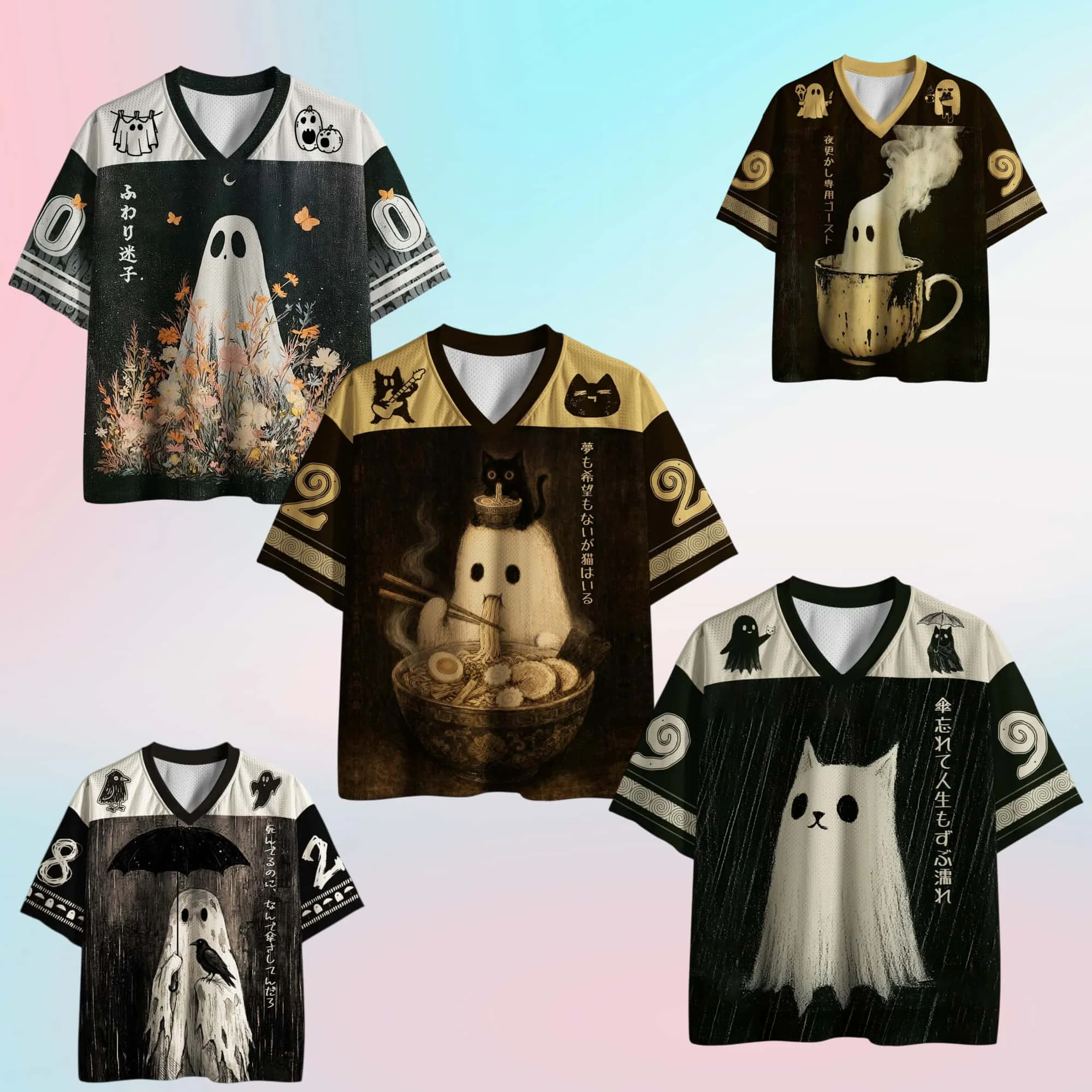 Halloween Funny Ghost Jersey, Dark V-neck Breathable Quick Drying Short Sleeved Men's and Women's Couple Children's Casual Top