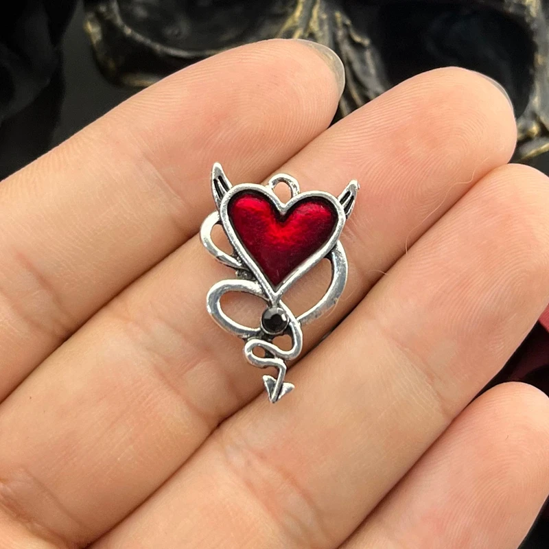 6pcs 28*20mm Gothic Devil Heart Charms Enamel Heart Halloween Charmr Fit Jewelry Making DIY Jewelry Findings