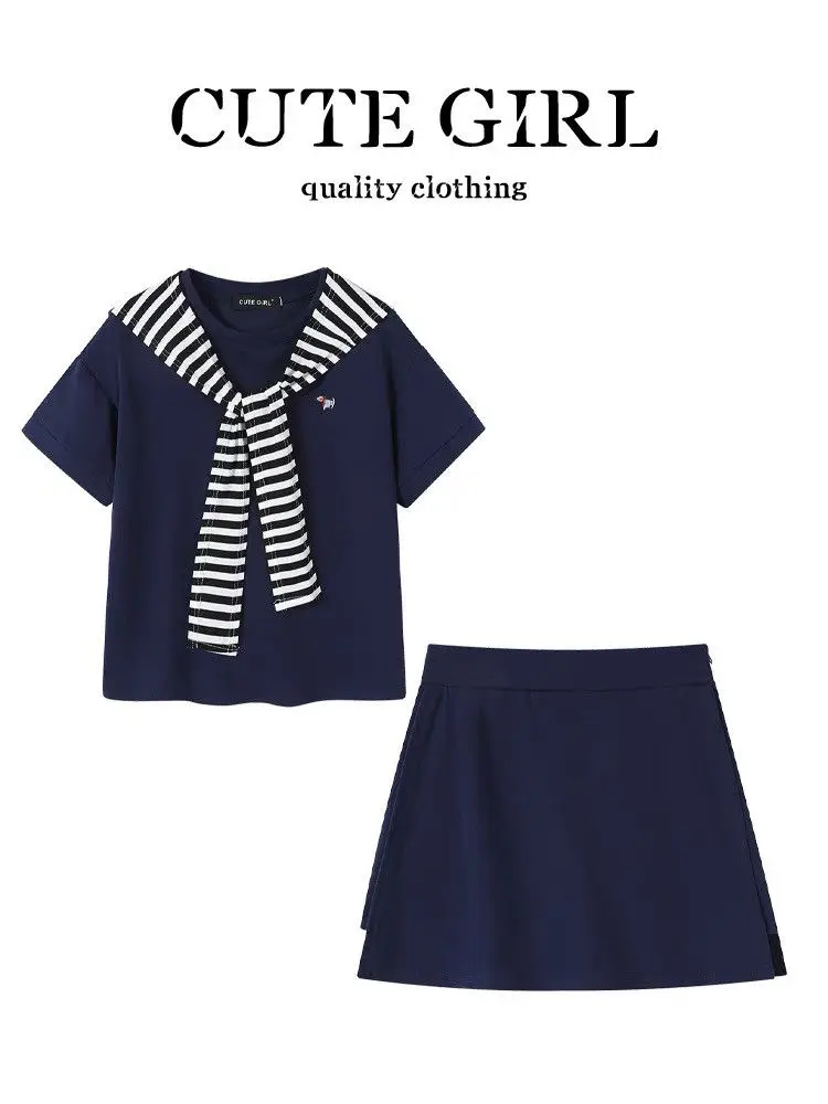 

plus Size Women's Summer Faion Set with oulder Wrap Striped ort Sve T-irt And Skirt Casual Sle mid Weight