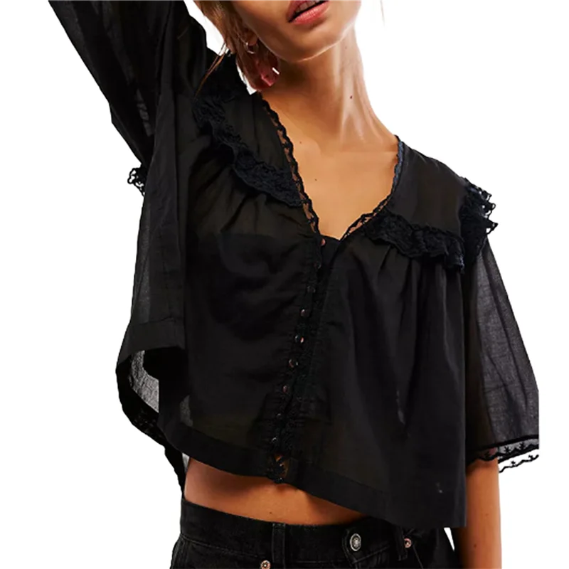 AOAO-Mulher Y2K Ver Através Peplum Camisa Plissado Renda Guarnição Botões Tops Manga Curta Gola Boneca Babydoll Blusa